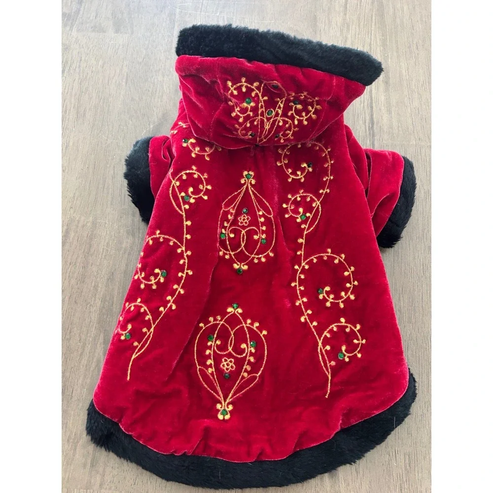 Pet Red Velvet Gold Embroidered Hooded Coat Faux Fur Trim Medium